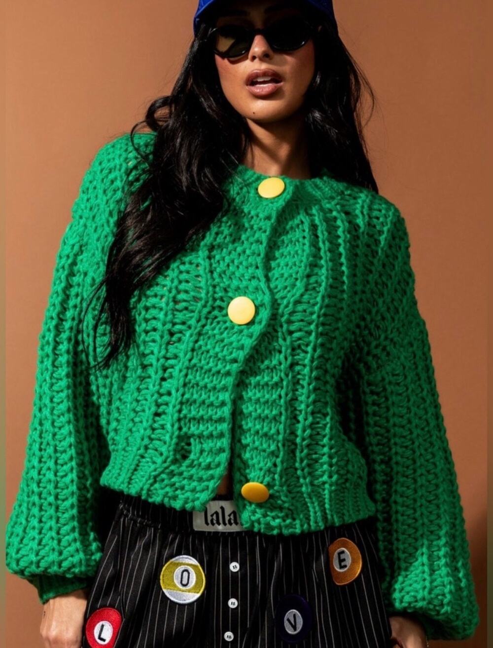 Dressed in LALA chunky bright green knit cropped cardigan